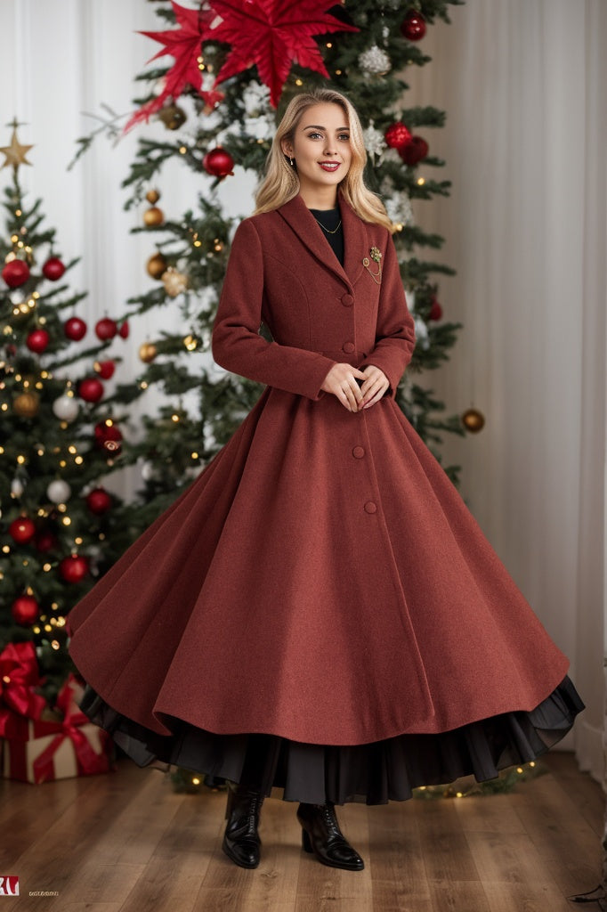 Red Brown Wool Fit and Flare Coat Vintage Long Winter Overcoat 5369 Brown / S Red Brown Wool Fit and Flare Coat Vintage Long Winter Overcoat 5369 Brown / S