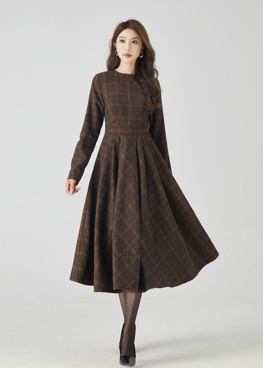 Retro Plaid Midi Dress – Dark Brown Wool A-Line Silhouette – 4523