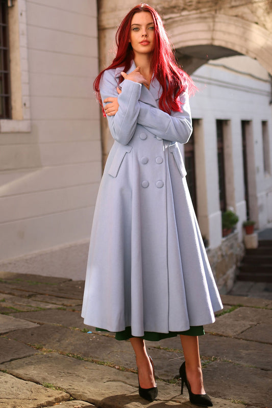 Light Blue Wool Long Trench Coat - Fit and Flare Silhouette 3188