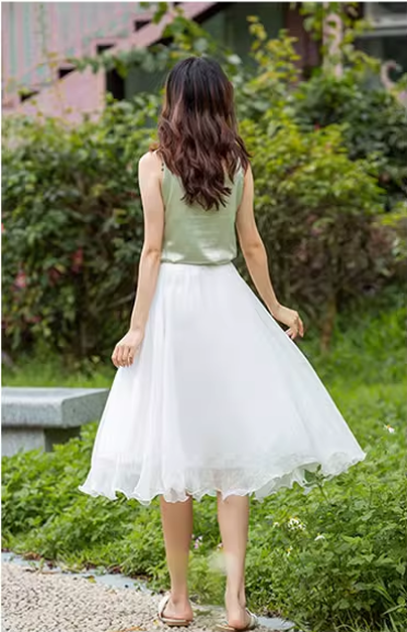 A line elastic waist summer chiffon skirt 6187- white