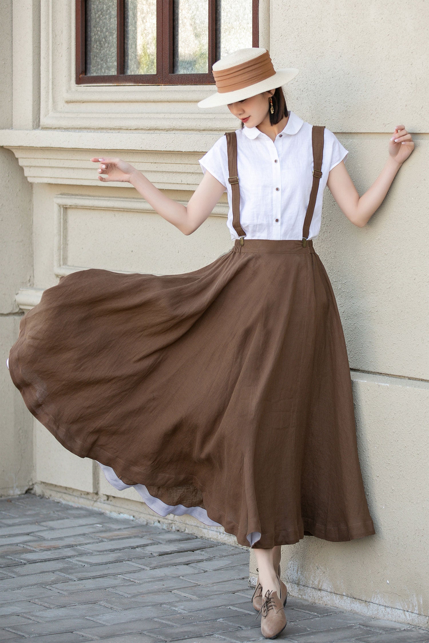 Maxi brown suspender linen skirt women 4892 Maxi brown suspender linen skirt women 4892