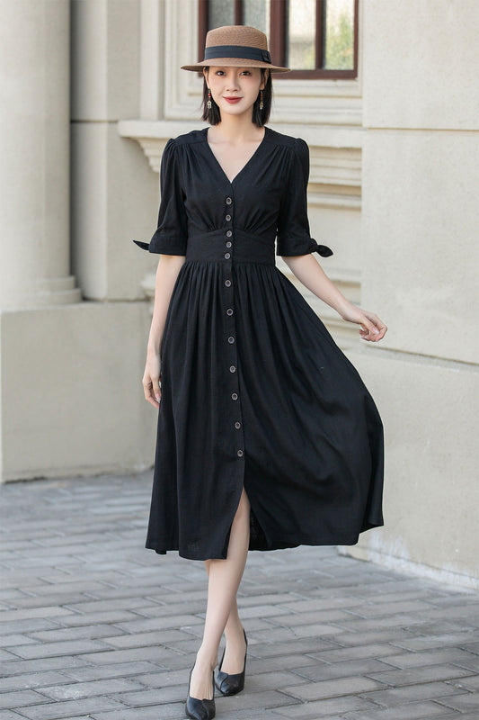 Black summer midi linen dress women 4893