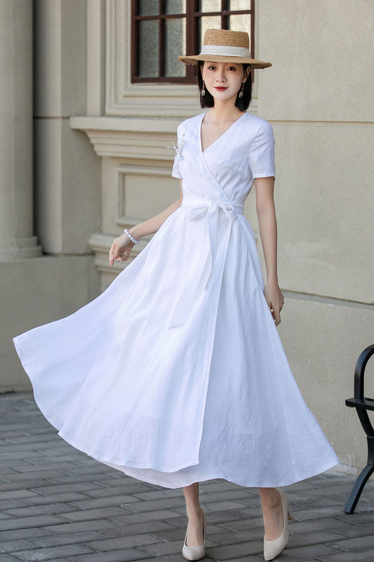 White wedding wrap summer linen dress 4895 -Size XS #CK2400279