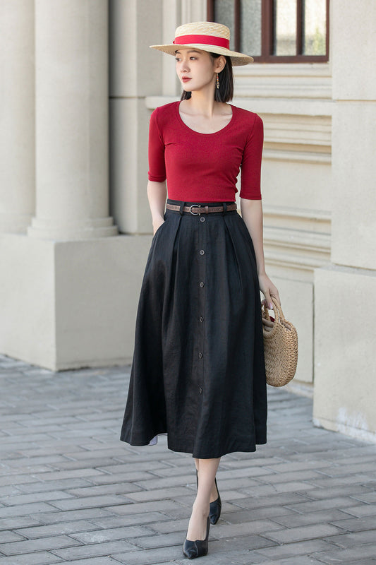 Black summer midi linen skirt with pockets 4898- Size XS #CK2400340
