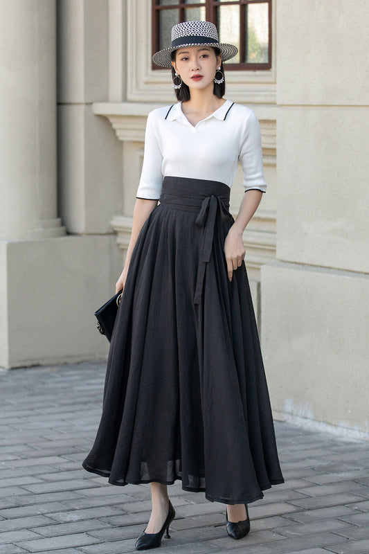 High waist black maxi linen skirt with belt 4900