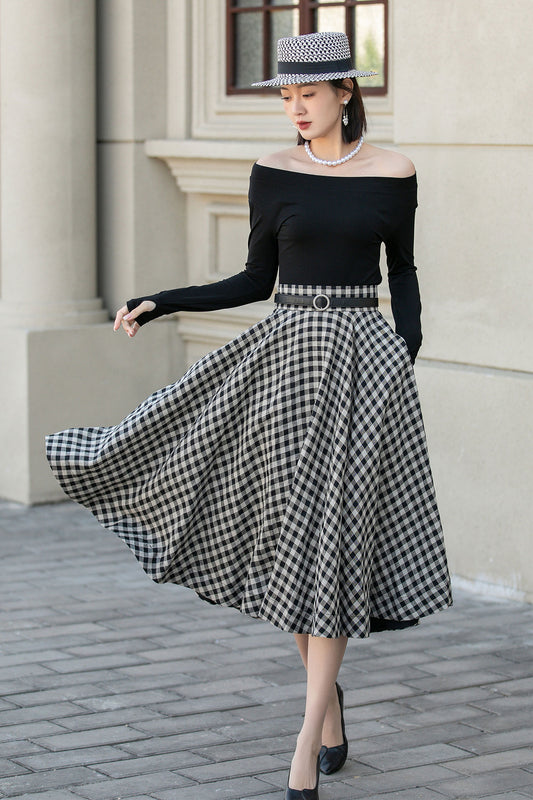 A line midi plaid linen skirt women 4901