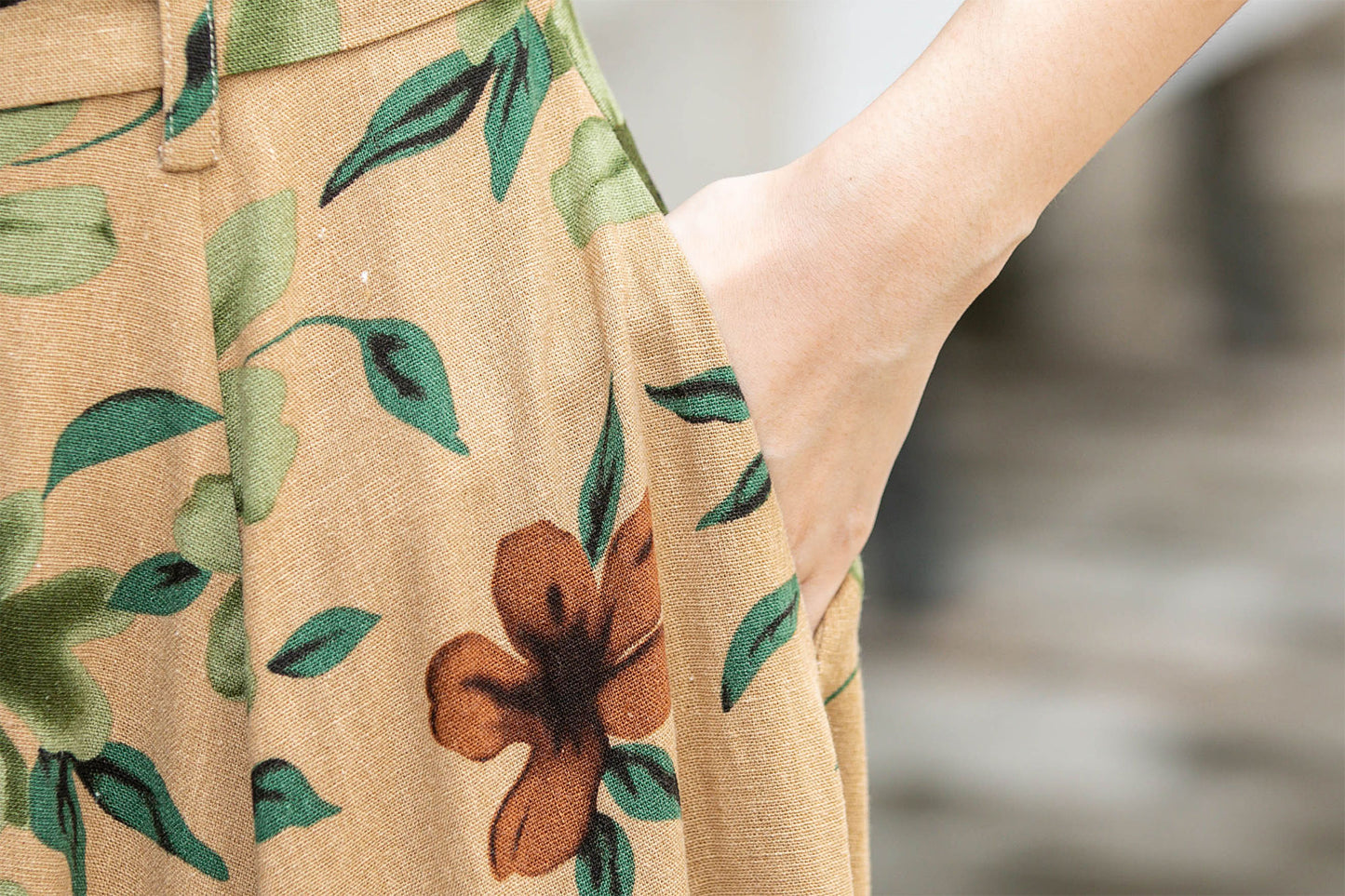 Handmade Floral Linen Dress – Vintage Belted A-Line Midi Dress for Women | Xiaolizi 4418