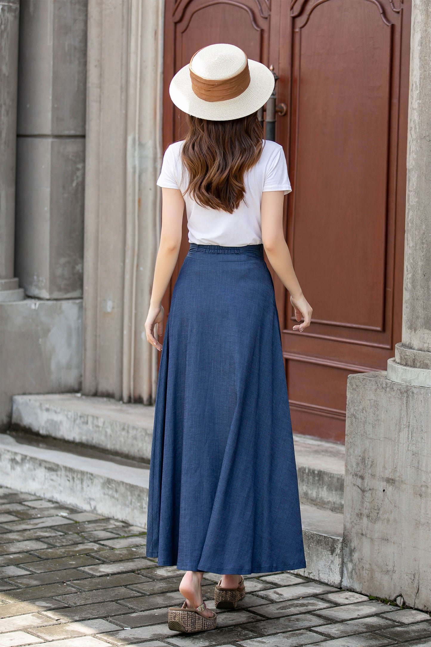 Blue Womens Linen High Waisted Skirt 4413