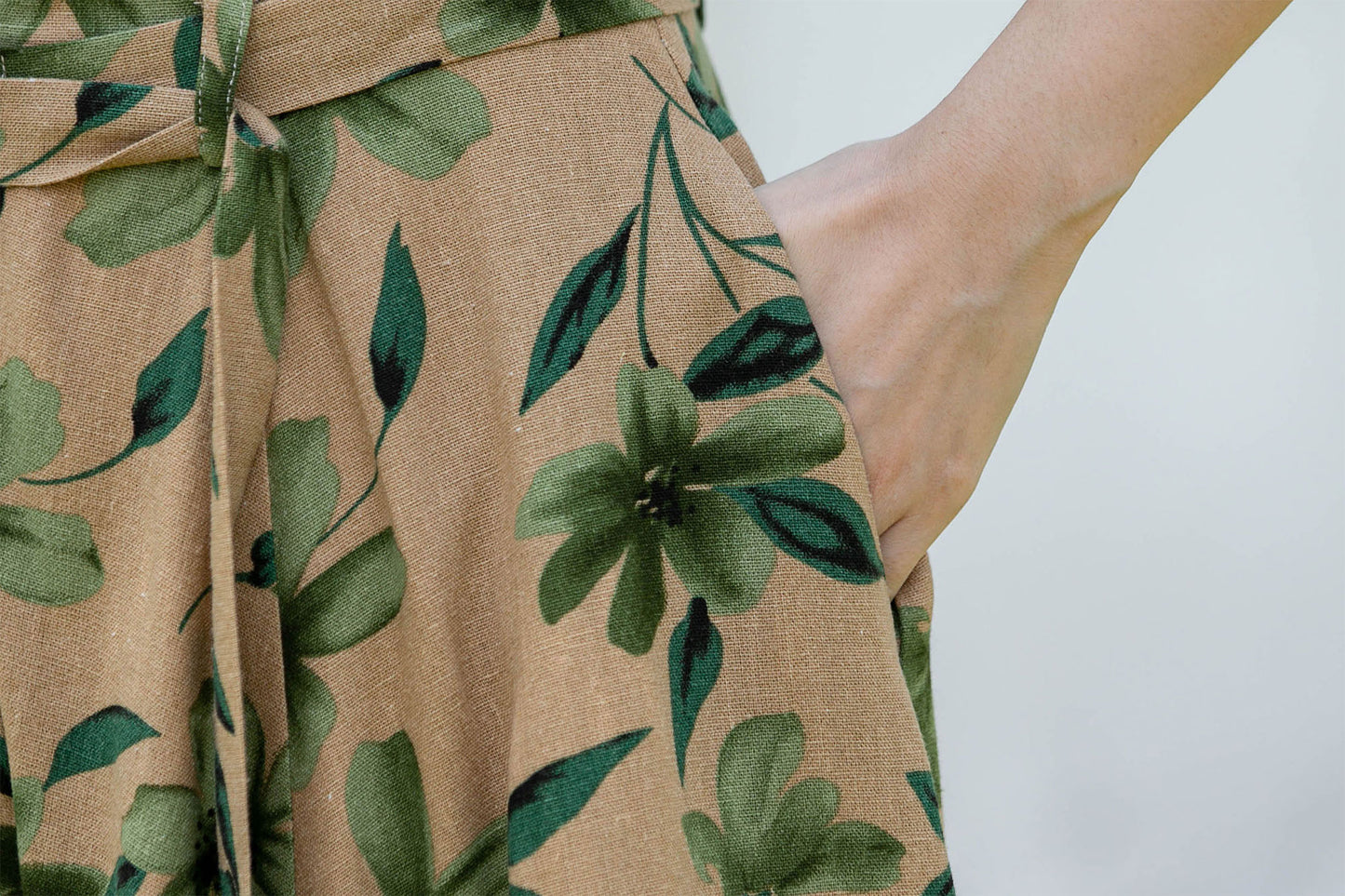 Handmade Floral Linen Dress – Short Sleeve Belted A-Line Summer Midi | Xiaolizi 4403