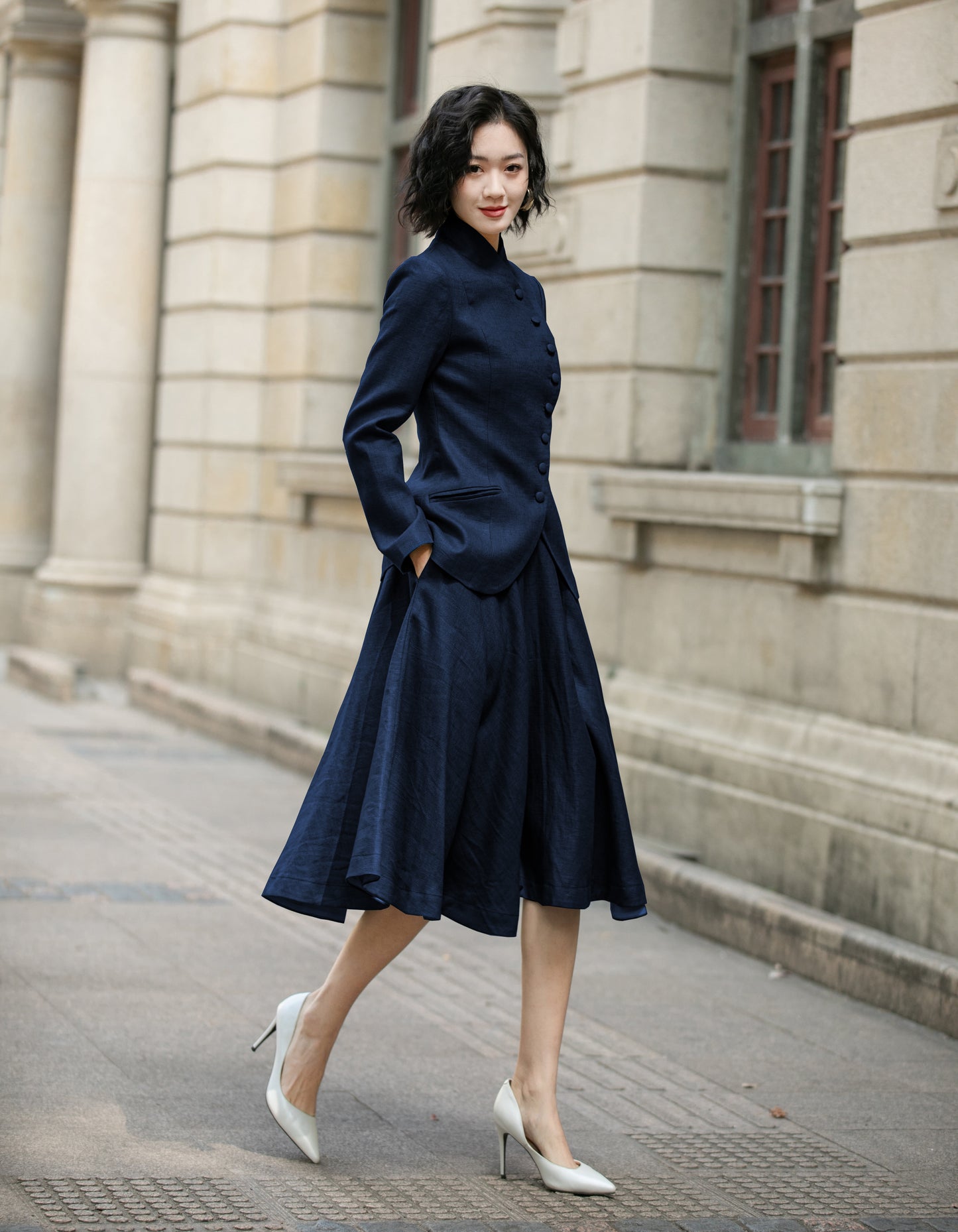 Navy Linen Skirt Set - Mandarin Collar Midi | Xiaolizi 6715
