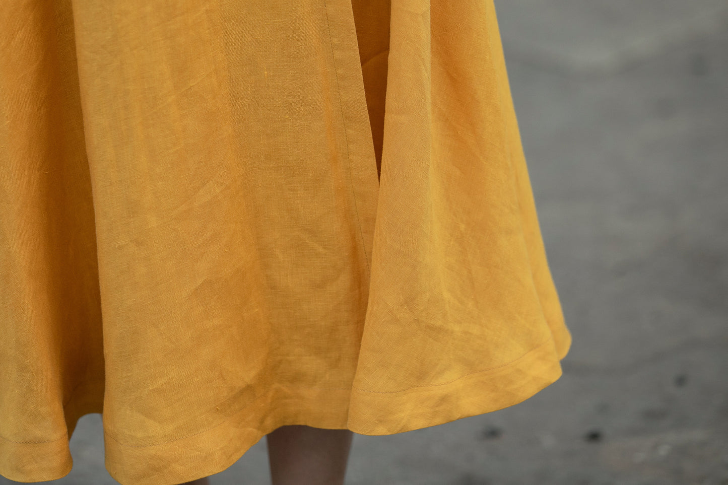 Mustard Linen Wrap Dress - V-Neck Midi | Xiaolizi 6735