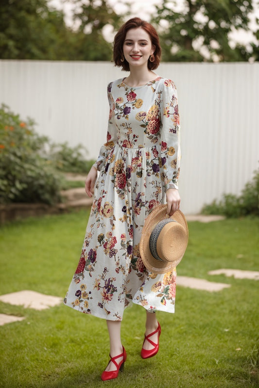Floral Linen Maxi Dress – Long Sleeve Vintage Swing Dress | Xiaolizi 5685