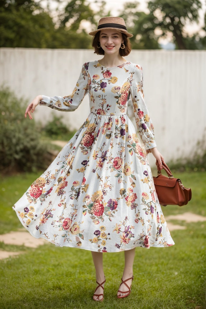Floral Linen Maxi Dress Handmade Long Sleeve Vintage Swing Dress | Xiaolizi Floral Linen Maxi Dress Handmade Long Sleeve Vintage Swing Dress | Xiaolizi