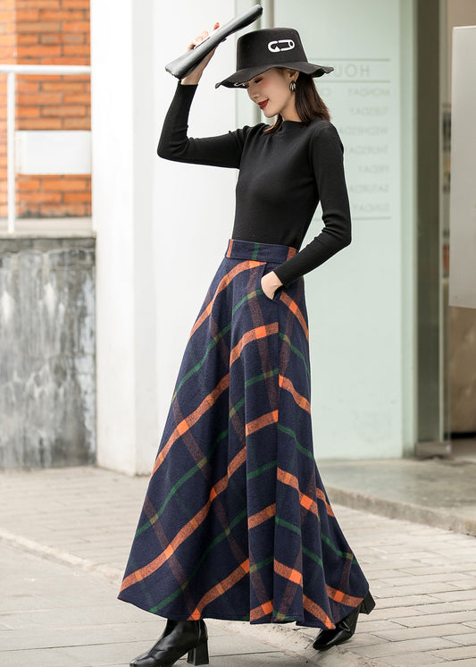 Wool Plaid Maxi Skirt – Handmade Navy Long Winter Skirt with Pockets | Xiaolizi 2838