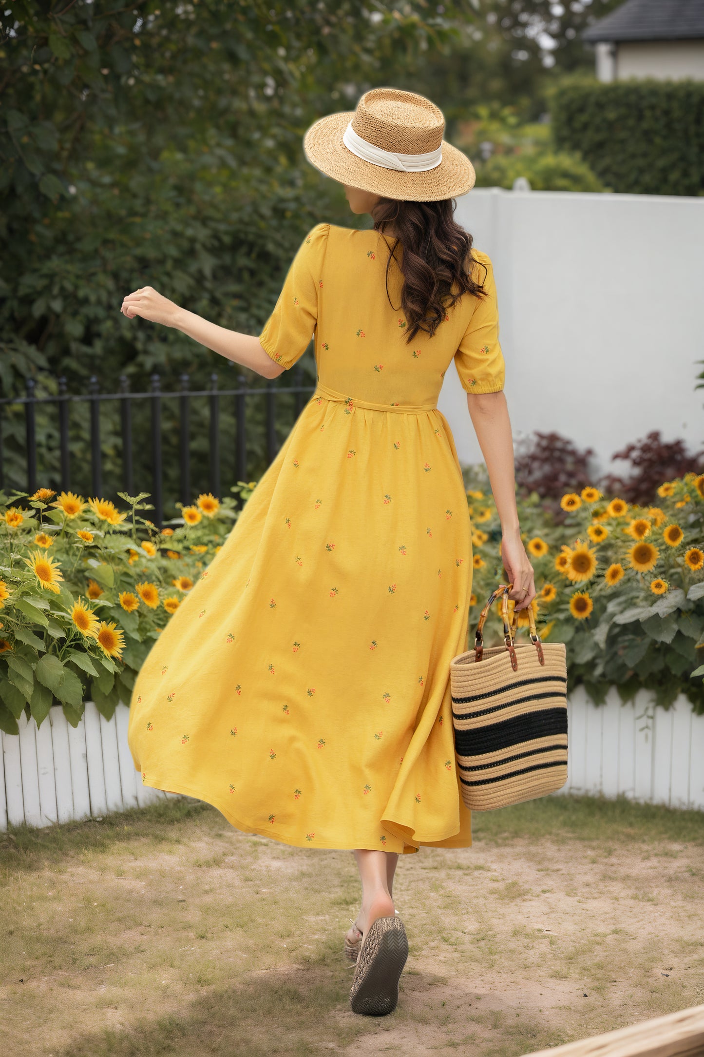 Yellow Cotton Linen Wrap Midi Dress - Floral Embroidery V-Neck | Xiaolizi 6733