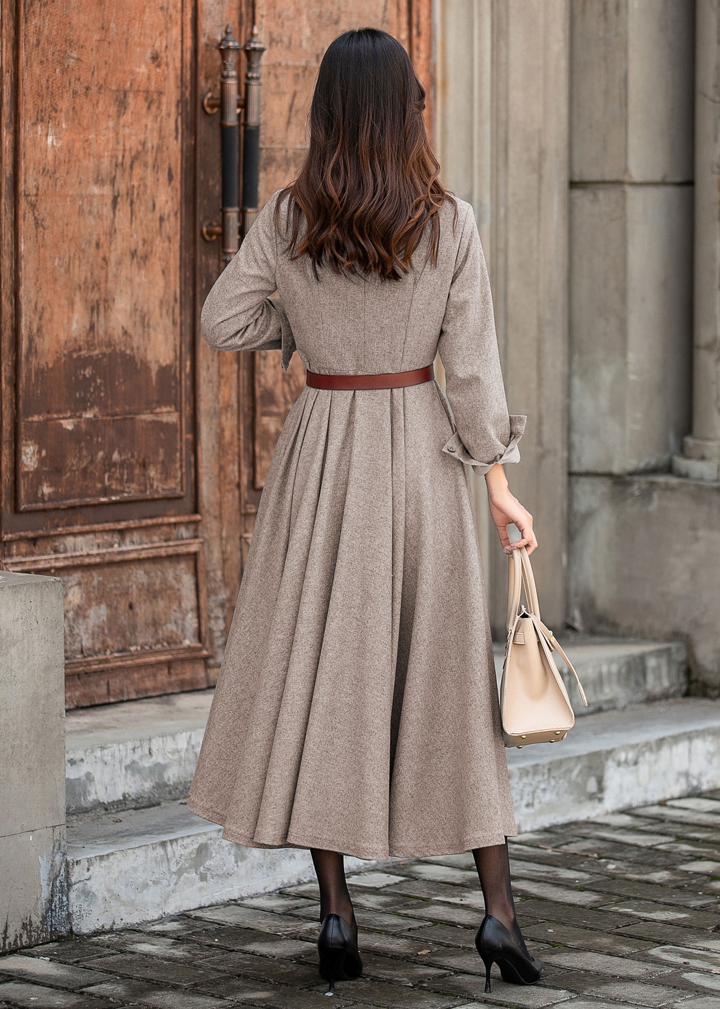 Wool Blend Midi Dress – Women’s Long Sleeve Winter Fit and Flare Dress 5432