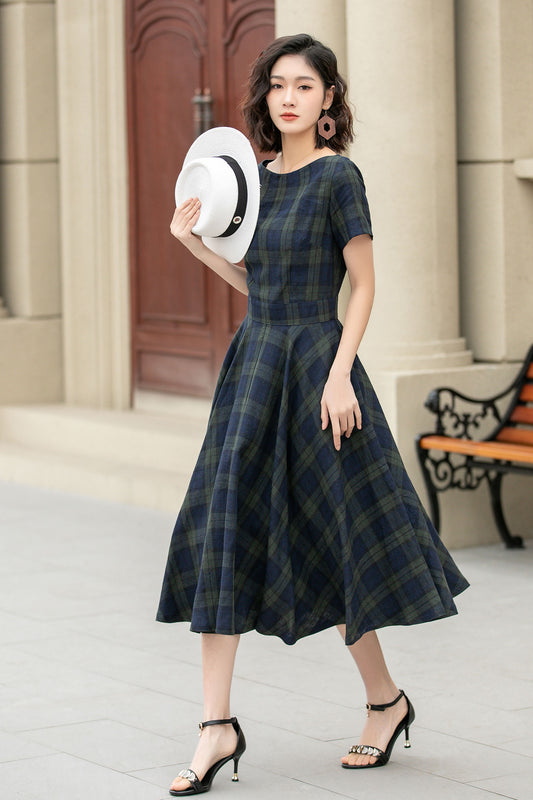 Fit and flare summer plaid linen dress 4950