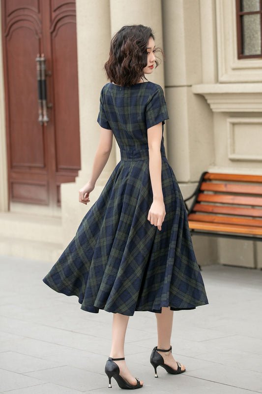 Tartan Linen Midi Dress – Vintage Fit and Flare Dress with Pockets 4950