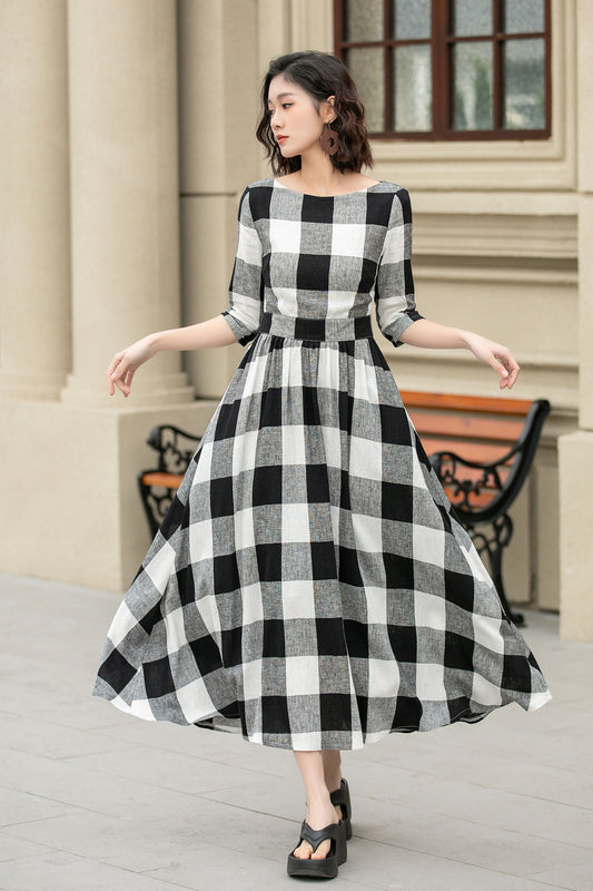 Black & White Plaid Linen Midi Dress - Fit and Flare, Boat Neck 4953