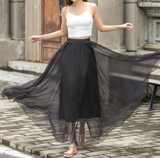 Elastic Waist Boho Chiffon Maxi Skirt 3692