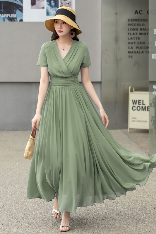 Chiffon Olive Green V-Neck Maxi Dress 6027