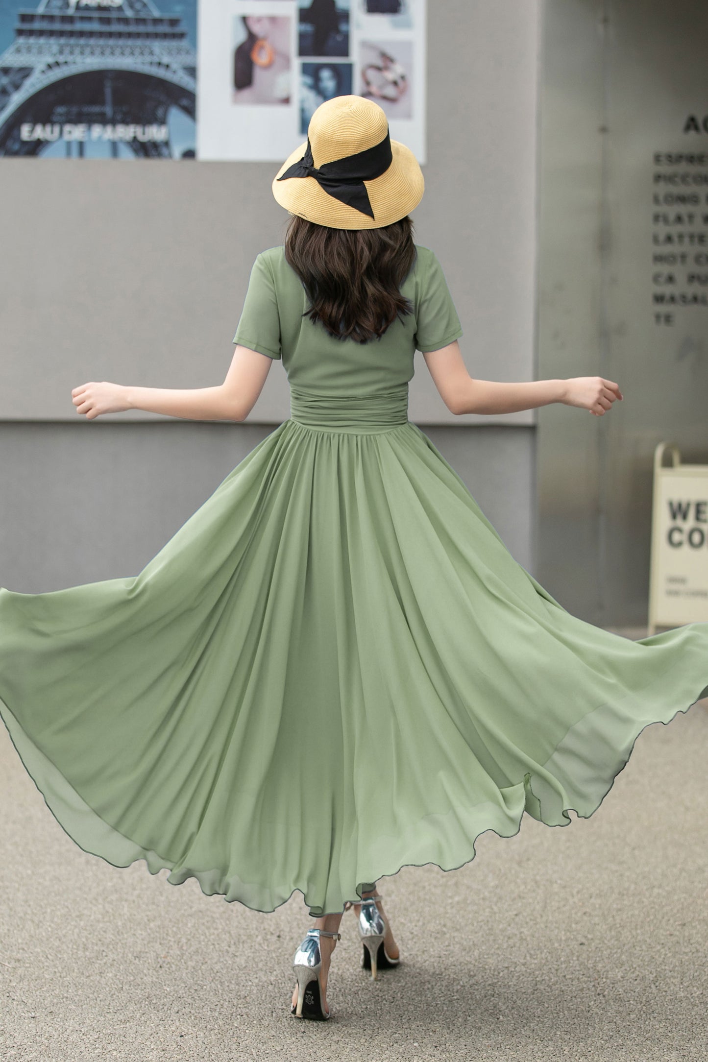 Chiffon Olive Green V-Neck Maxi Dress 6027