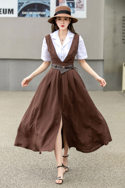 Brown Linen Pinafore Apron Dress 4268