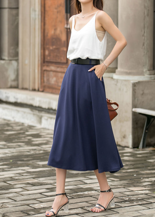 Navy Linen Cotton A-Line Skirt - Ankle Length with Side Pockets 3696