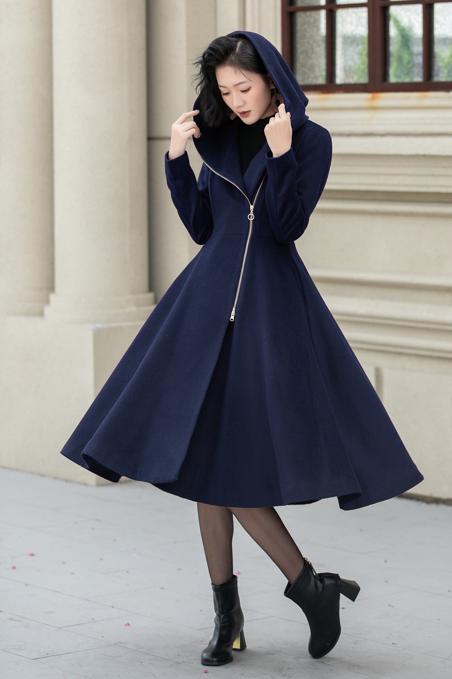 Vintage Hooded Wool Coat – Burgundy Handmade Winter Zip Overcoat 5345