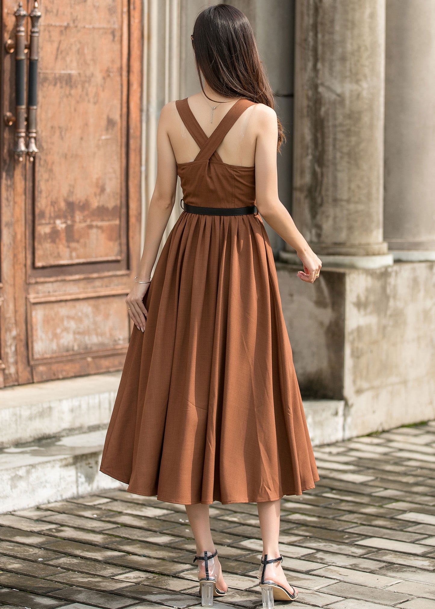 Brown Midi Pinafore Dress - Square Neckline and Pleated Waist 3702