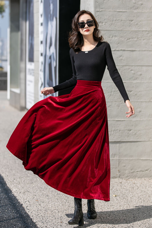 Red Velvet High Waisted Long Skirt - Ankle Length Full Silhouette 4135