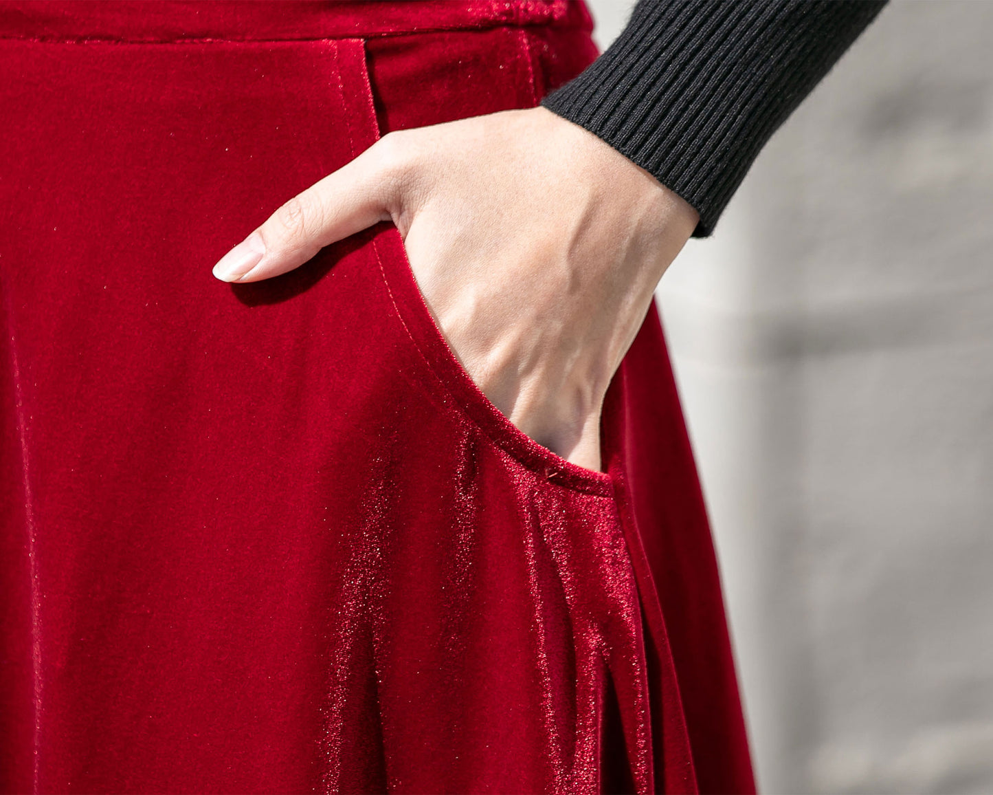 Red Velvet High Waisted Long Skirt - Ankle Length Full Silhouette 4135