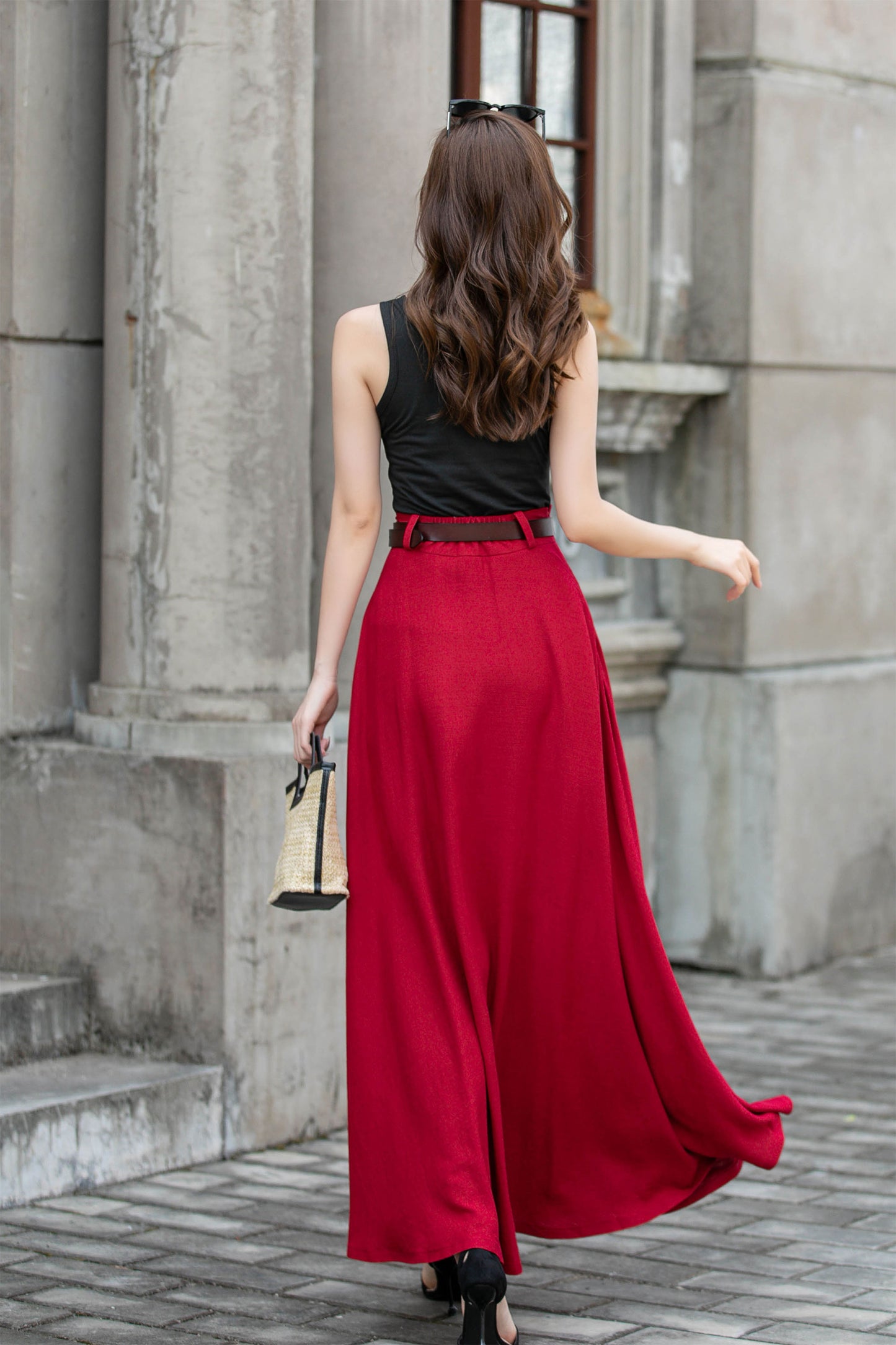Red Womens Linen High Waisted Skirt 4285
