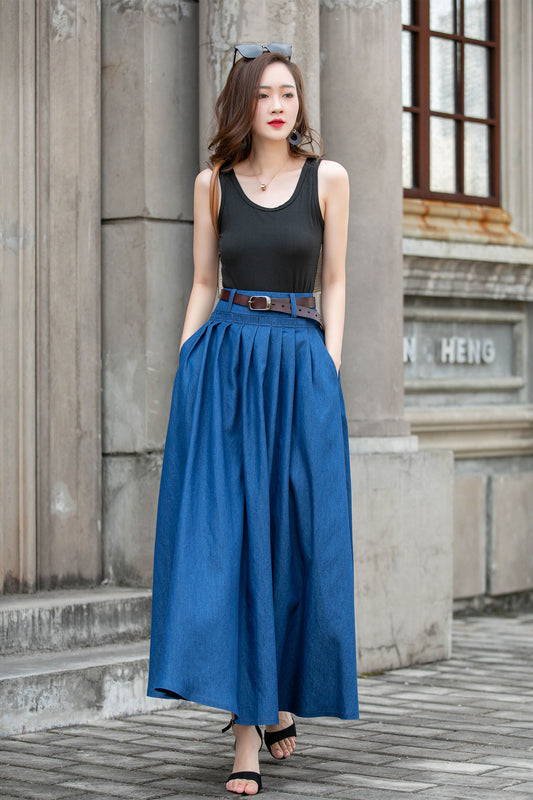 Blue Cotton Maxi Skirt - Pleated Swing A-Line Two Pockets | Xiaolizi 4286