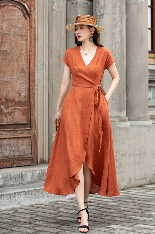 Handmade Linen Wrap Dress | Rust Orange Midi 4287