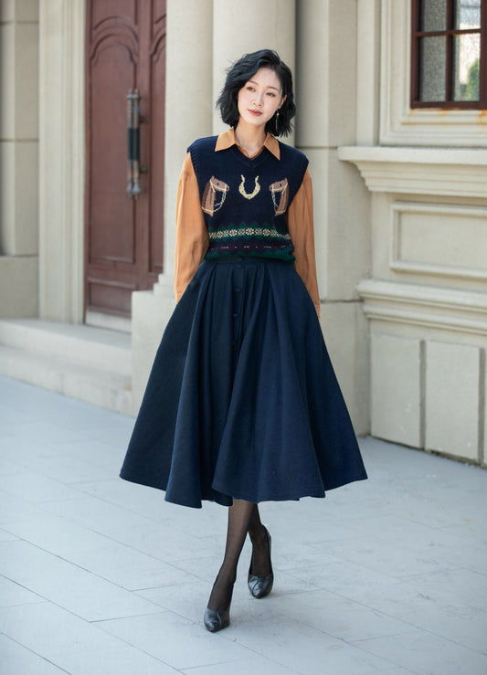 High waist a line winter wool skirt 6338