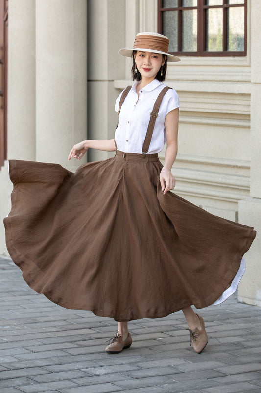 Brown Linen Maxi Skirt - Fit and Flare with Suspender Straps 4892