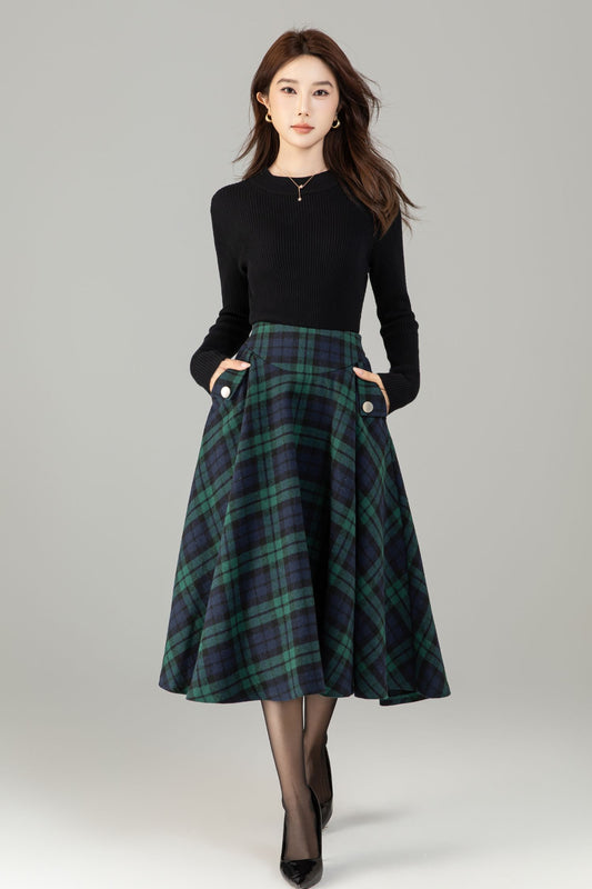 Xiaolizi Plaid Wool-Blend Pleated A-Line Midi Skirt – Plus-Size Winter 6502