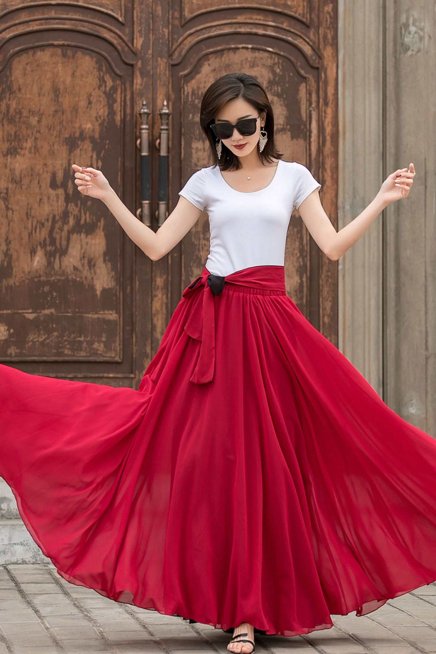 Reversible Maxi Skirt – Elegant Black/Red Chiffon Swing Circle Skirt 2714