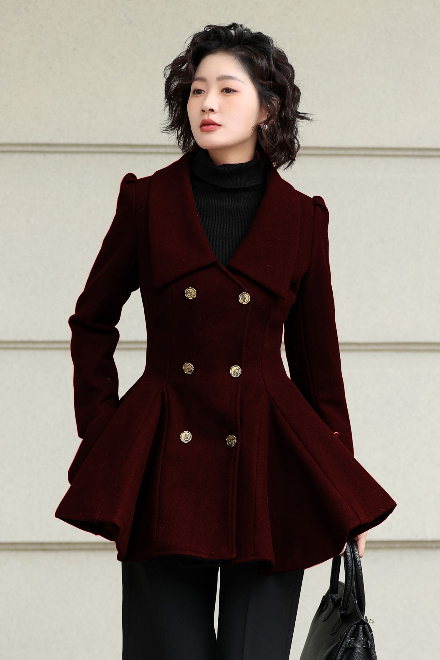 Handmade Burgundy Wool Coat Women – Peplum Double-Breasted Winter