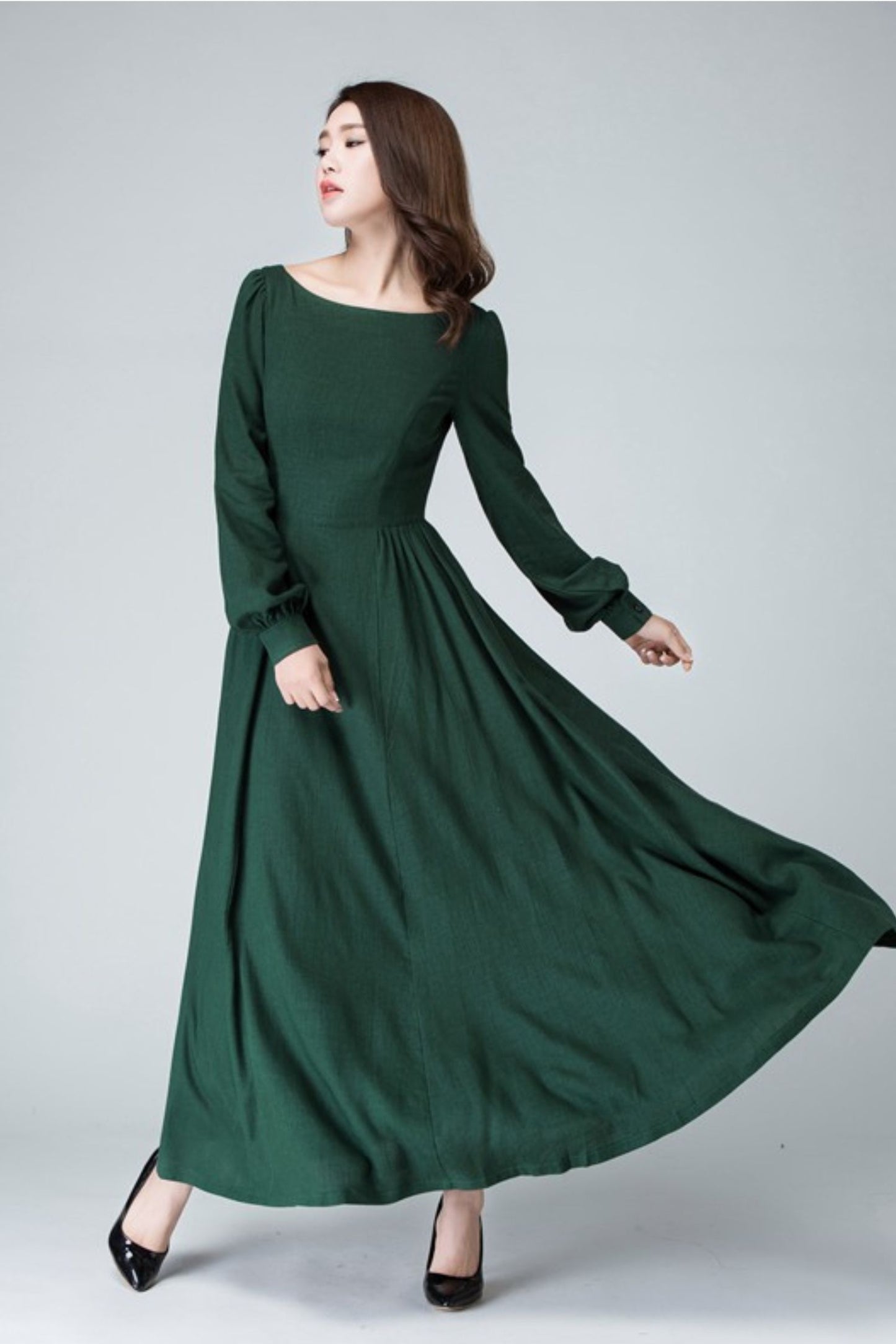 Dark Green Linen Cotton Maxi Dress – Vintage Boat Neck Long Sleeve Dress 1454