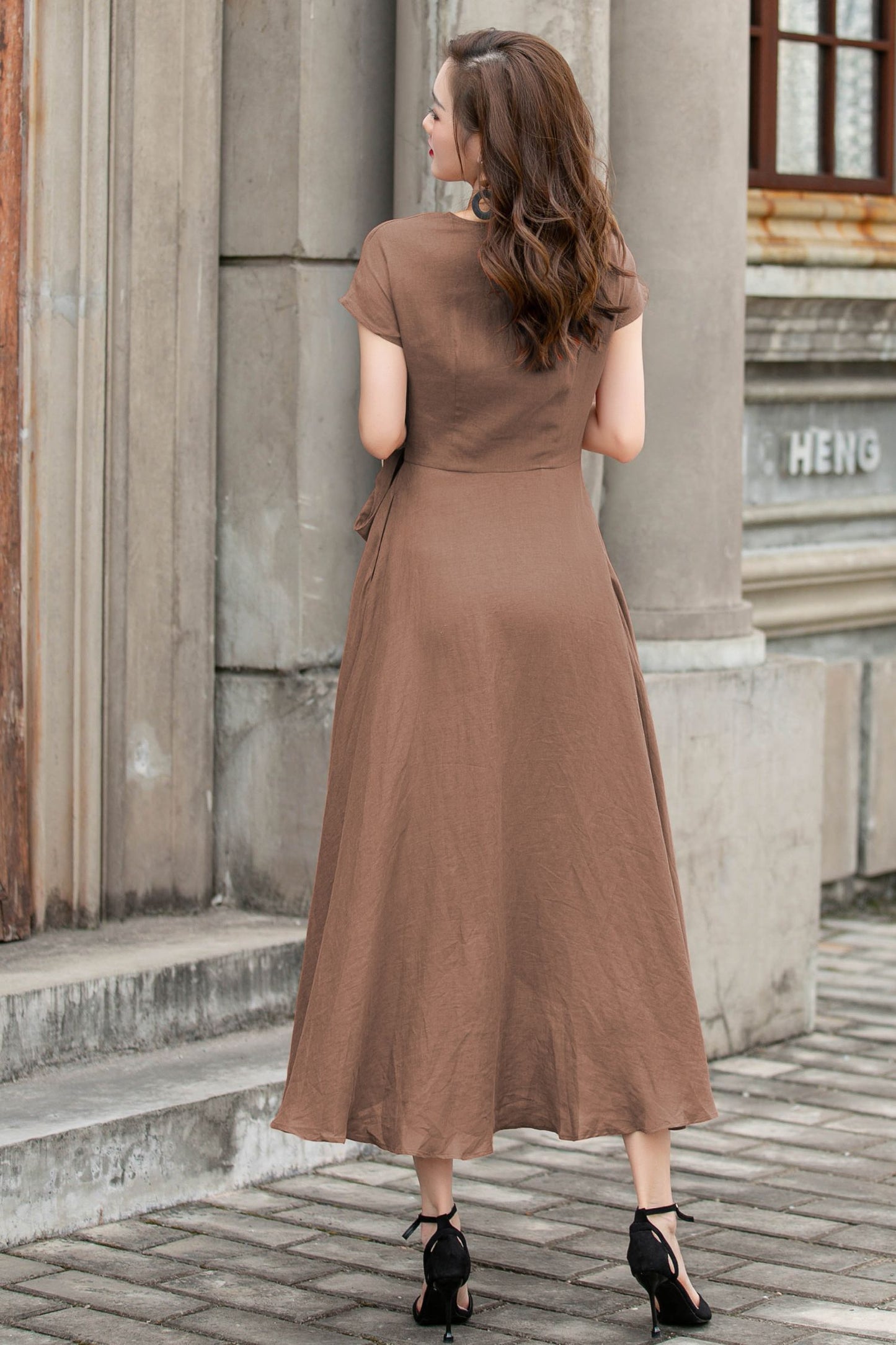 Brown Linen Wrap Dress – Handmade Summer Vintage Elegance 5761