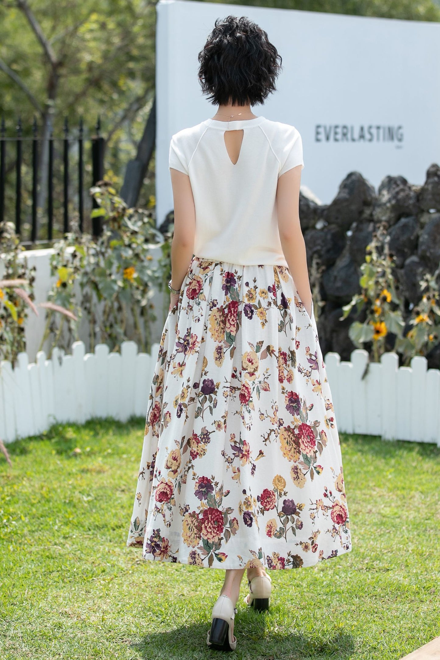 Vintage Floral Linen Cotton Swing Midi Skirt | Xiaolizi 6737