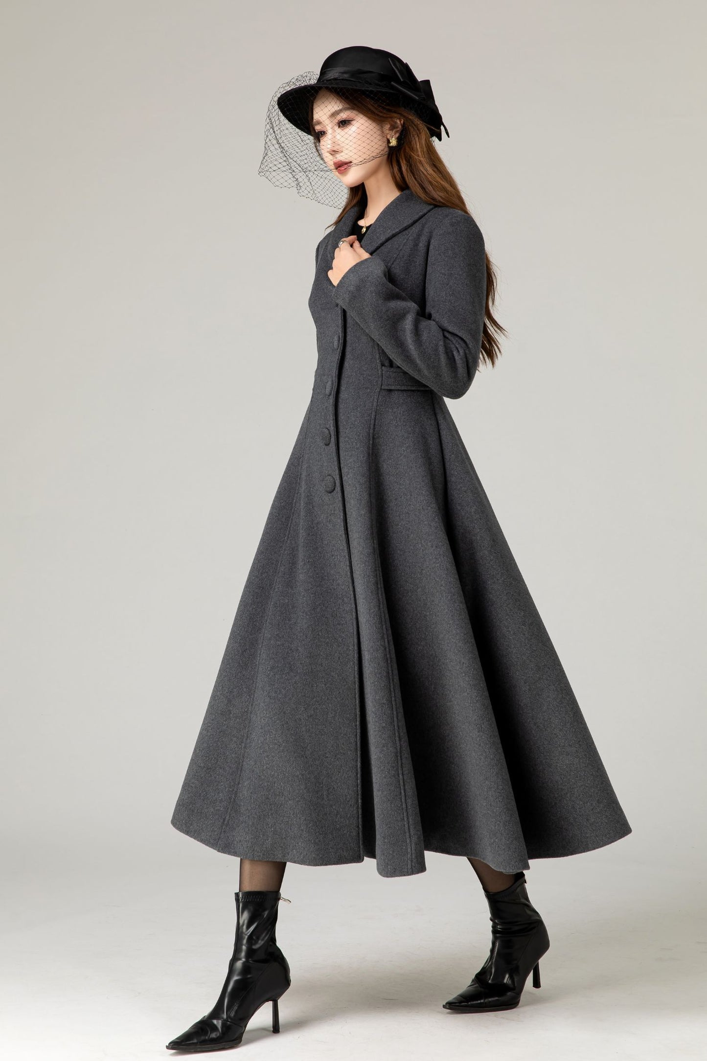 Handmade Charcoal Grey Wool Coat – Vintage Tailored A-line Long Winter Overcoat | Xiaolizi 5479