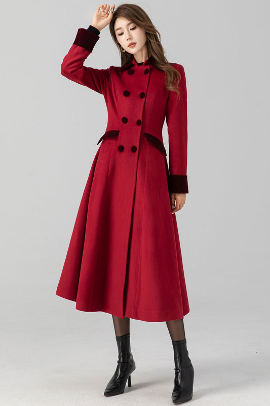 Handmade Vintage Red Wool Coat – A-Line Double Breasted Winter | Xiaolizi 4671