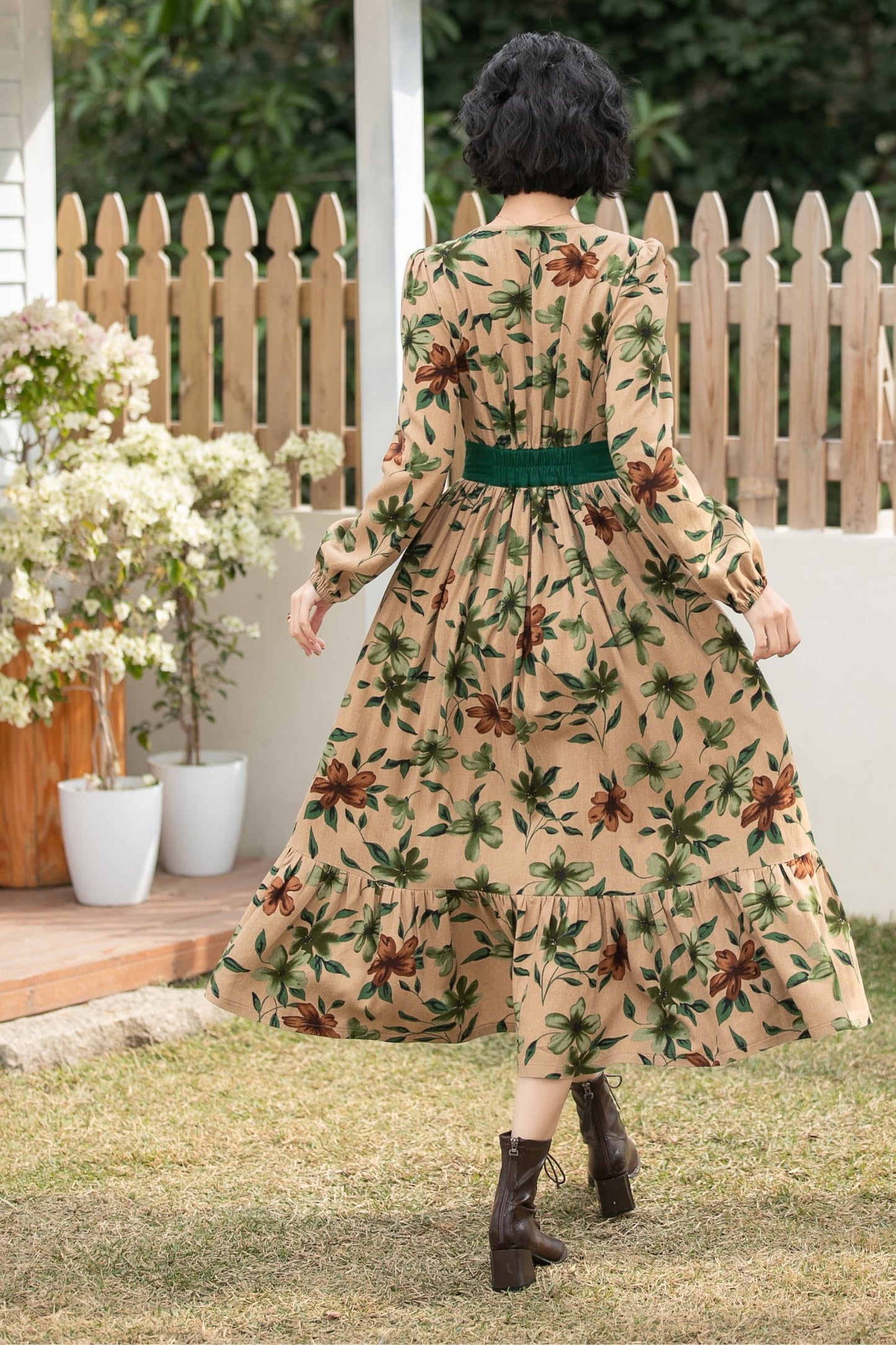 Xiaolizi Boho Linen Midi Dress – Vintage Contrast V Neck 6693