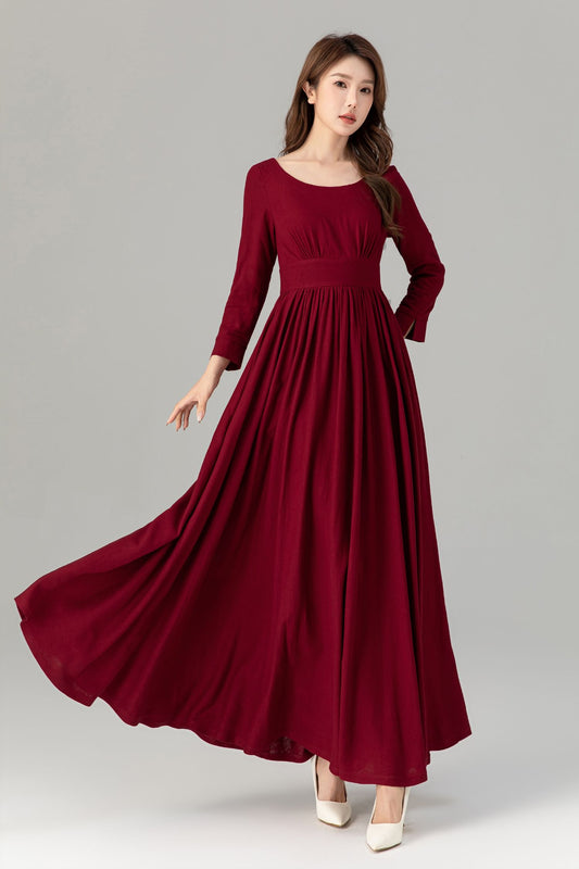 Burgundy prom high waisted spring linen dress 4924
