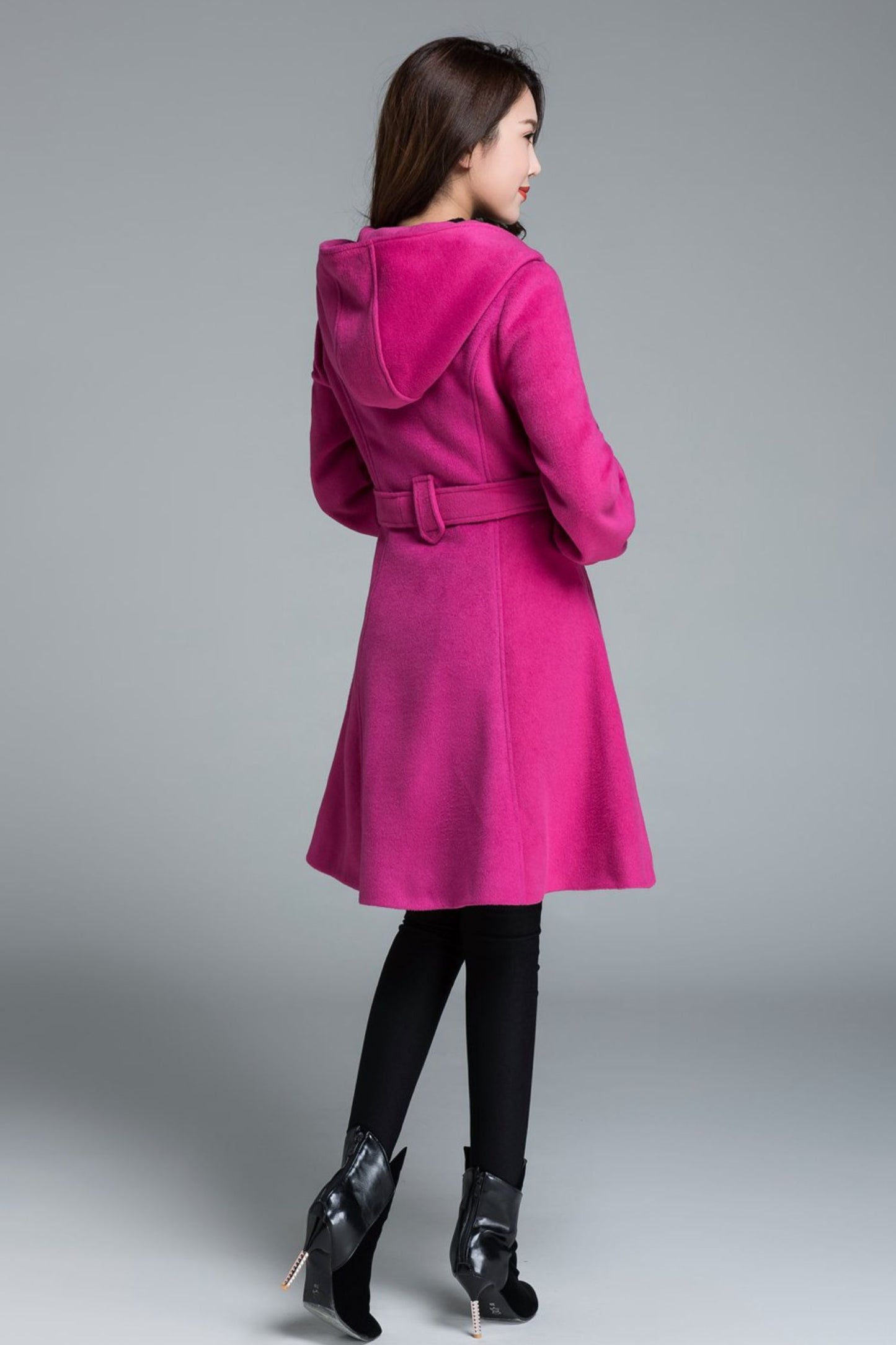 Hooded swing wool coat with tie belt waist 1647