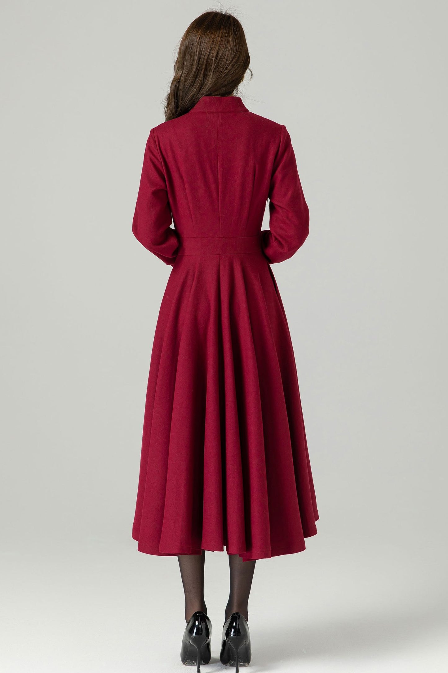 Burgundy Wool Blend Vintage Dress – Long Sleeve Fitted Waist Flared Midi 4490