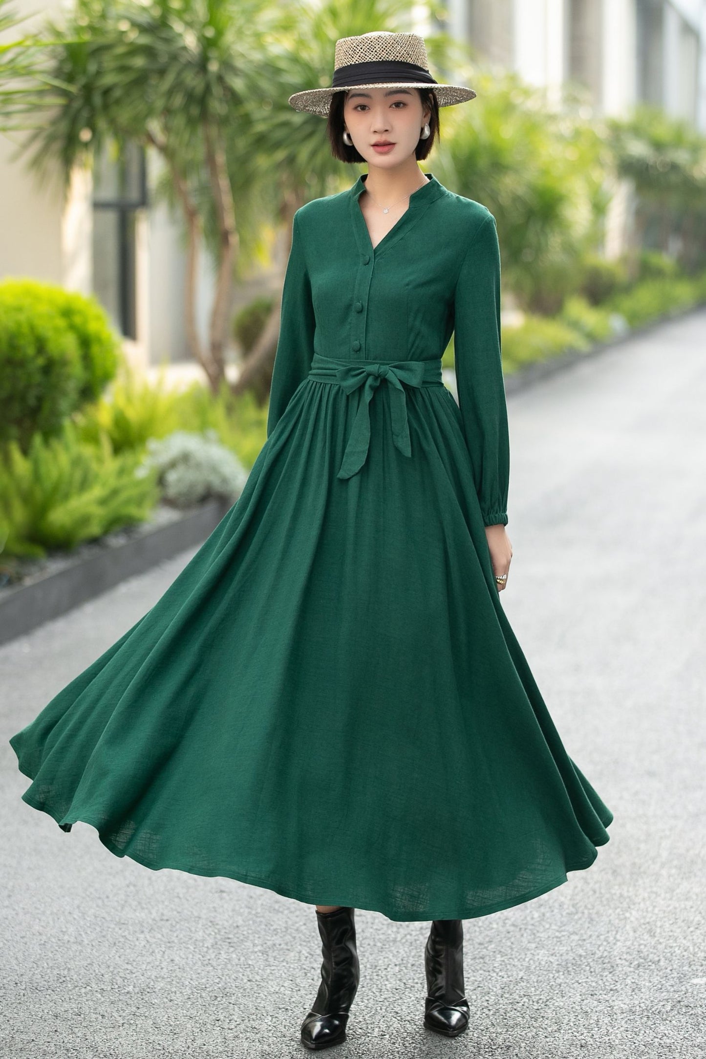 Green Linen Cotton Shirt Dress – Vintage Button-Up Midi Dress 6658